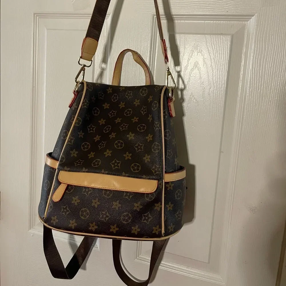 Stylish  Synthetic Brown & Gold Backpack / Shoulder bag tan trim Accents